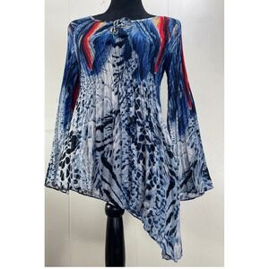 Melissa Paige Petite Blue Red Print Tunic Top Long Sleeve Asymmetrical
